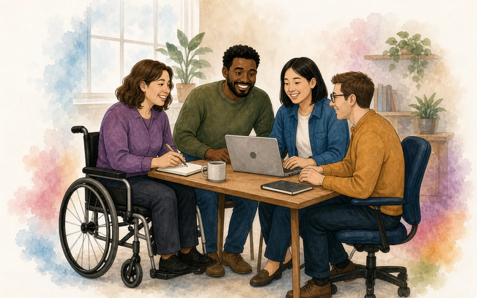 Four people collaborating around a table, including a woman using a wheelchair